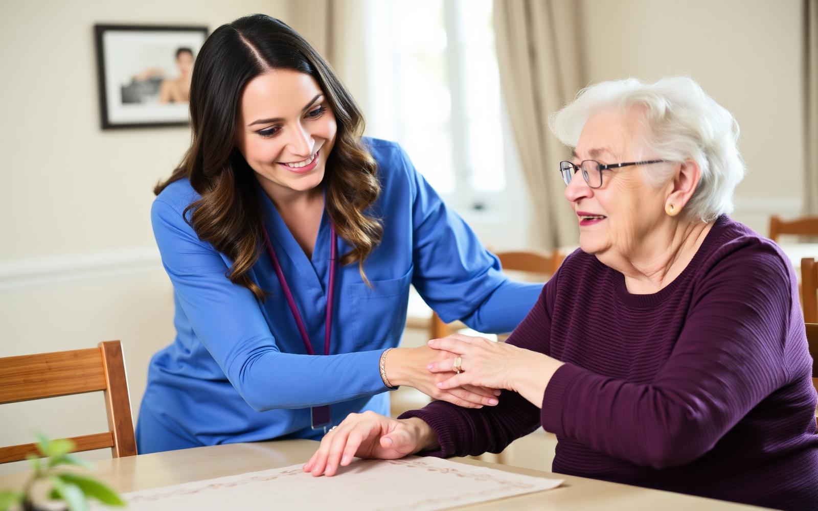 Assisted living caregiver supporting a resident at a dining table