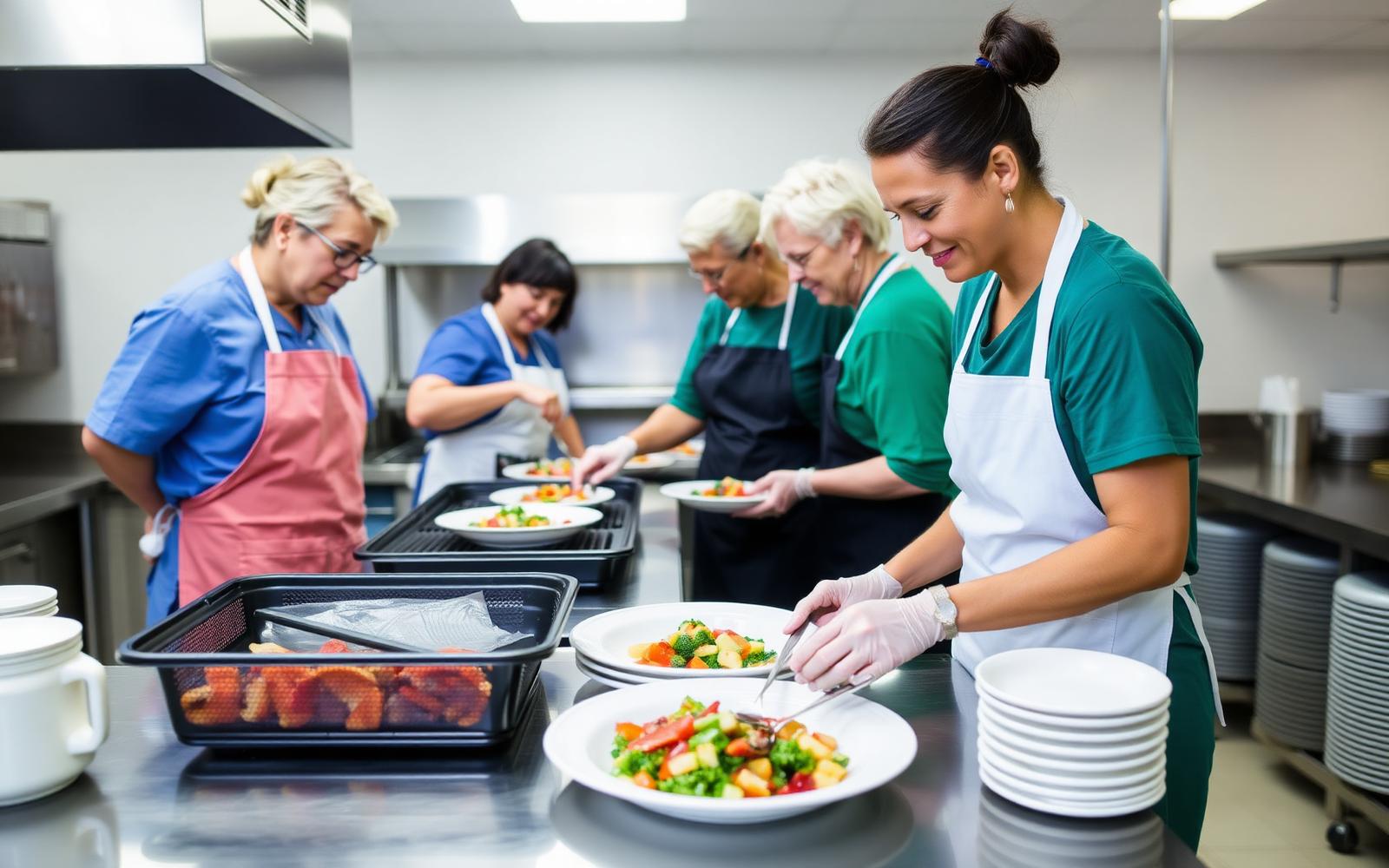 Assisted living dietary team plating meals for resident service