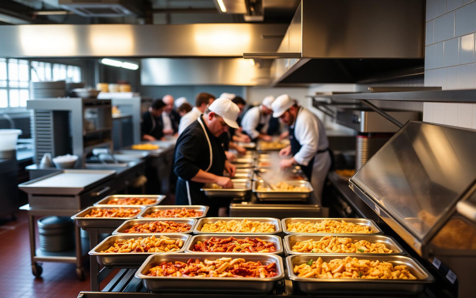 Professional catering kitchen with large-scale food preparation