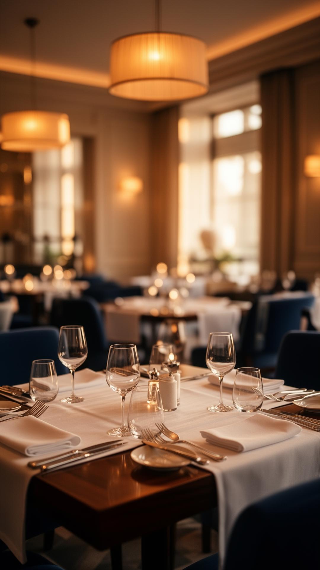 Sophisticated hotel dining room set for service