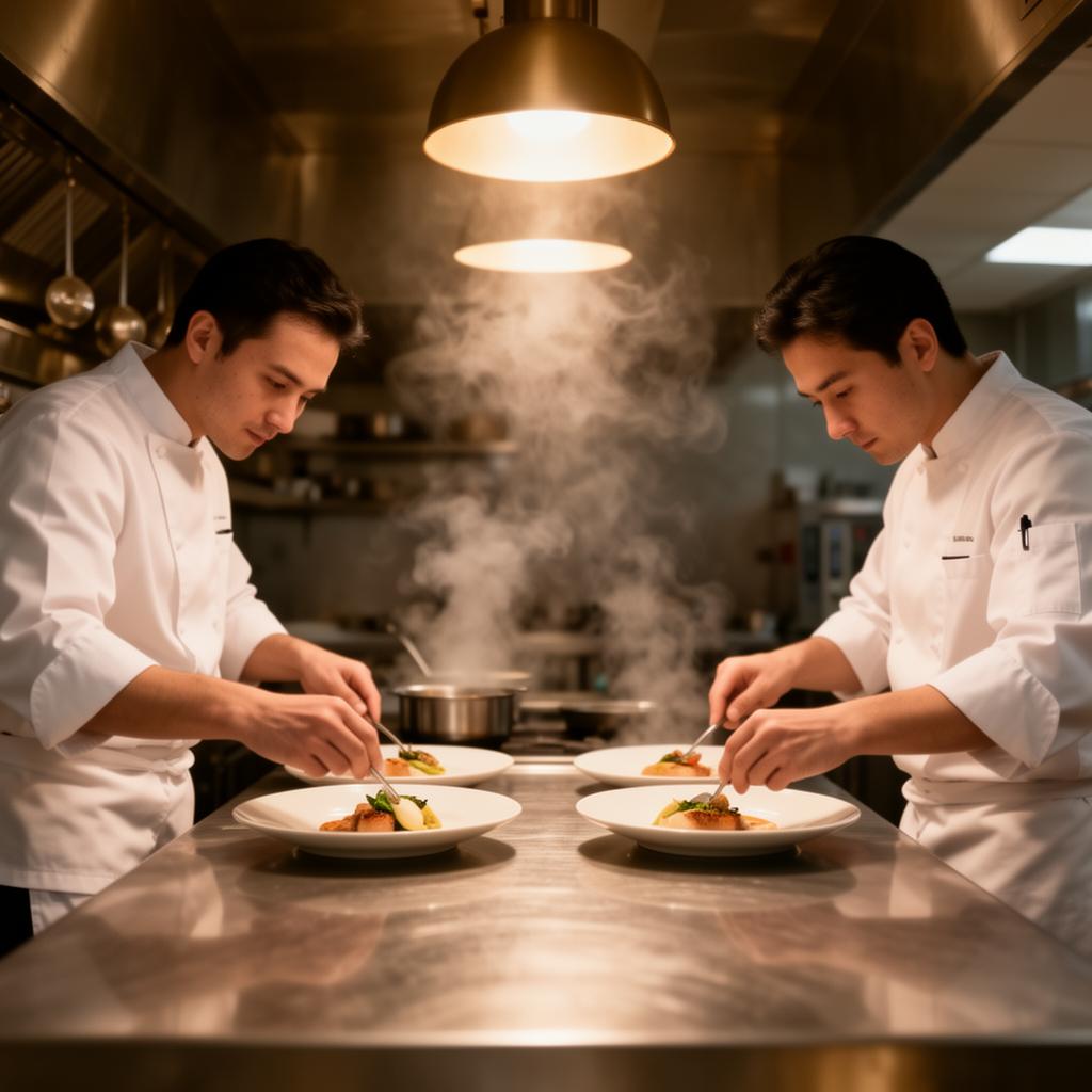Two chefs plating in a professional commercial kitchen