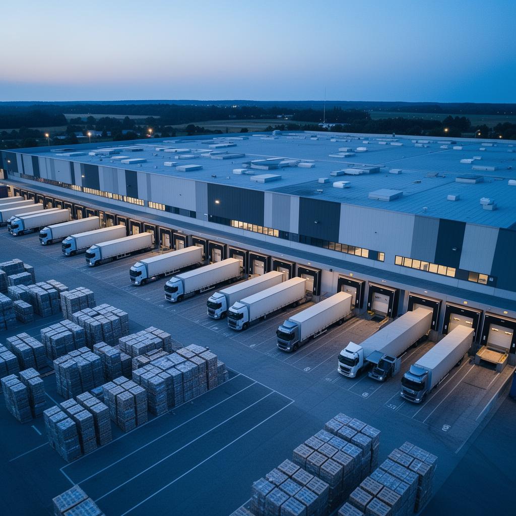 Aerial view of distribution center loading docks at dusk