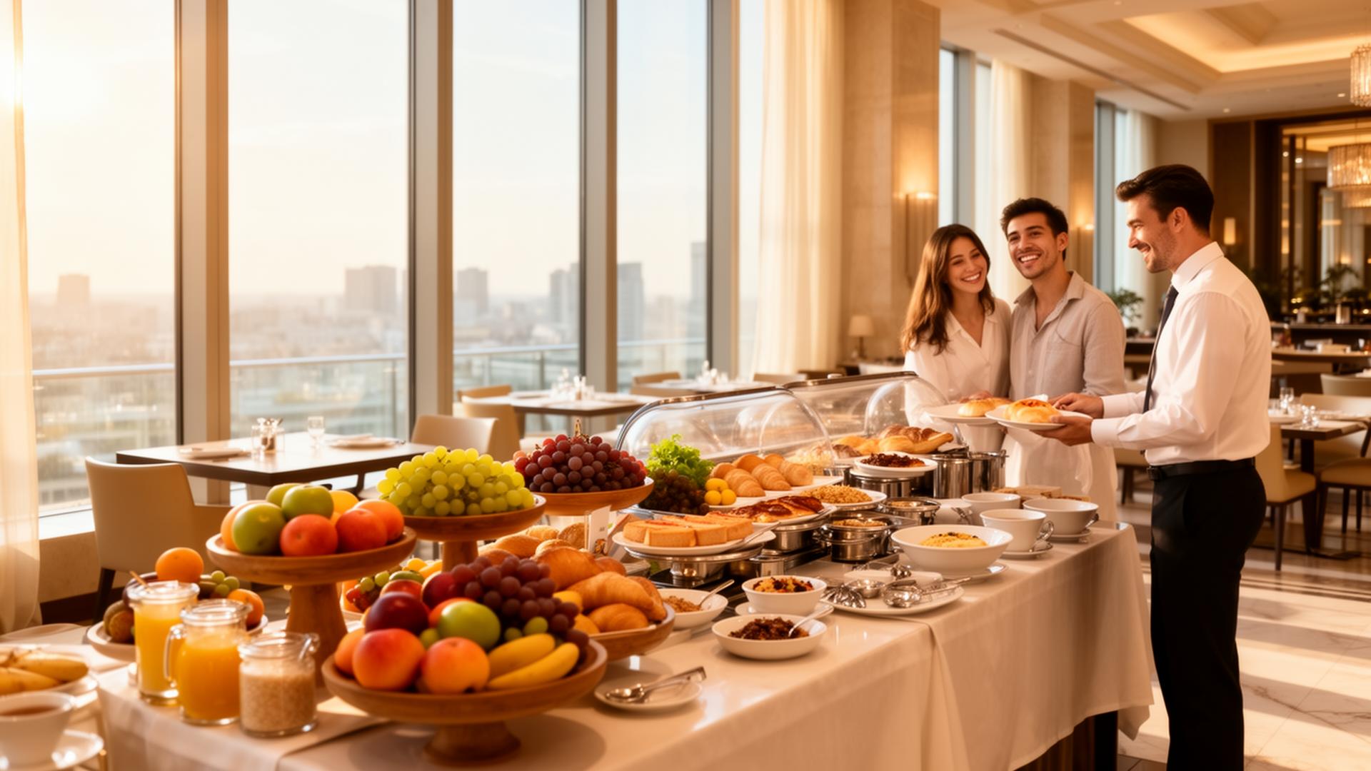 Guests enjoying a premium breakfast buffet in a luxury hotel