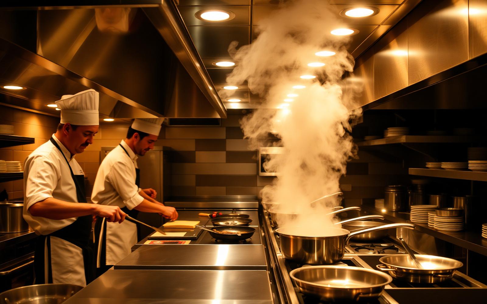 Professional restaurant kitchen with chefs working at stations