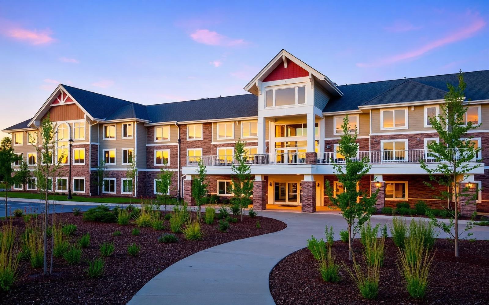 Modern senior living community exterior at golden hour